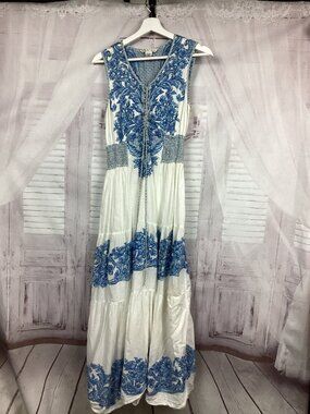 VASNA Desire Maxi Dress Blue & white Tiers Sleeveless M